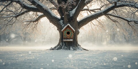 Birdhouse attached to a frosted tree in a winter landscape, focusing on seasonal shelter