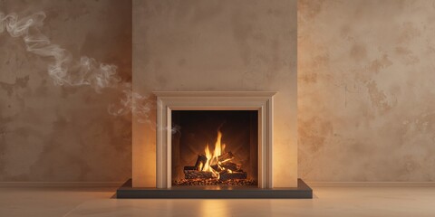 Cozy fireplace with burning logs and glowing embers serving as a warm interior background, winter awareness