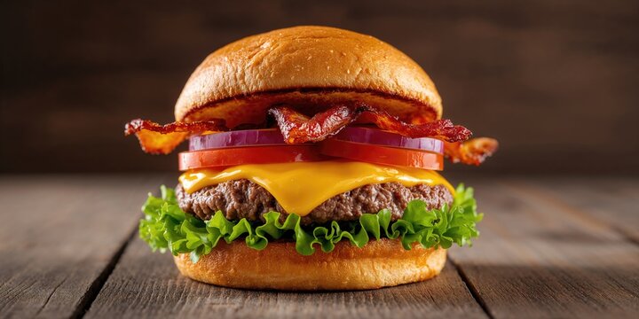 Close-up of a homemade cheeseburger with fresh vegetables, crispy bacon, and melted cheese, highlighting fast food safety practices - Powered by Adobe