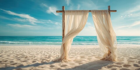 Seashore scene with fabric curtains providing shade and white sand, suitable for outdoor leisure, World Environment Day
