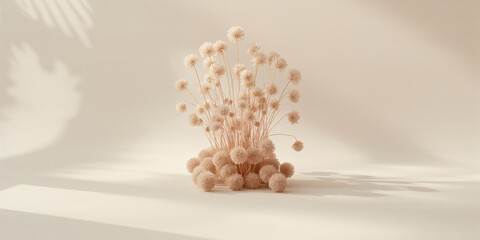 Abstract floral card with textured bunny tails, tan pom-pom plants, and herbs, serving as a background for editorial text placement, floral pattern