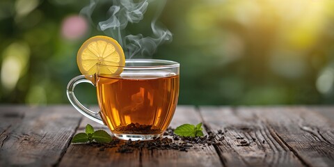 Hot tea served in a glass cup with steam and lemon, suitable as a refreshment option during cold weather