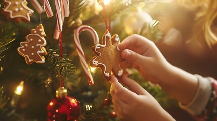 St. Knut's Day: children's hands reaching for gingerbread cookies and candy canes hanging on a Christmas tree, selective focus on treats, warm golden hour lighting, Swedish tradition