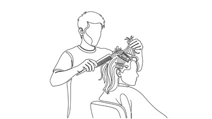 High-quality black continuous line art of a hairdresser combing a client’s hair before a trim