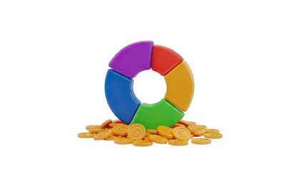 Colorful Pie Chart Graphic With Golden Coins On A Transparent Background Showing Financial Growth And Investment