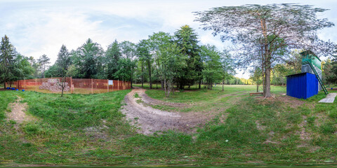 full seamless spherical hdr panorama 360 degrees angle view on fallen tree among bushes of forest or park with stairs in equirectangular projection, ready VR AR virtual reality content