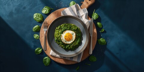 Creamed spinach alongside boiled potatoes and fried egg on a meal setting emphasizing fiber-rich ingredients, World Food Day