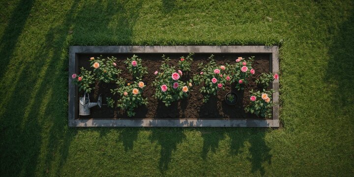 Oblong flower bed with planted rose bushes and supports, viewed from above, highlighting gardening activity and plant care