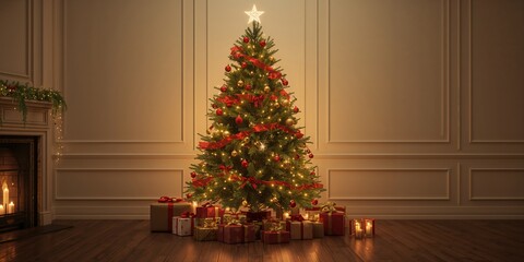 Home interior featuring a decorated Christmas tree with presents for New Year, seasonal celebration