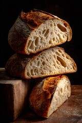 Sourdough artisan bread halves stacked on wooden surface, showing open crumb and crust texture