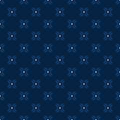 Simple geometric pattern abstract floral shapes motif classic blue minimal background. Small flowers diamond elements modern fabric design textile swatch ladies dress, men's shirt allover print block.