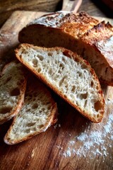 Rustic homemade sourdough bread, recently baked and cut into thick slices on a wooden cutting board with scattered flour