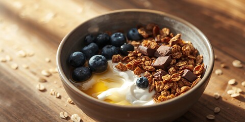 Homemade baked muesli featuring oats, blueberries, and chocolate pieces paired with Greek yogurt, highlighting fiber-rich meal