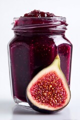 Fig jam in glass jar with fresh cut fig fruit, preserving sweet natural flavor and homemade healthy food