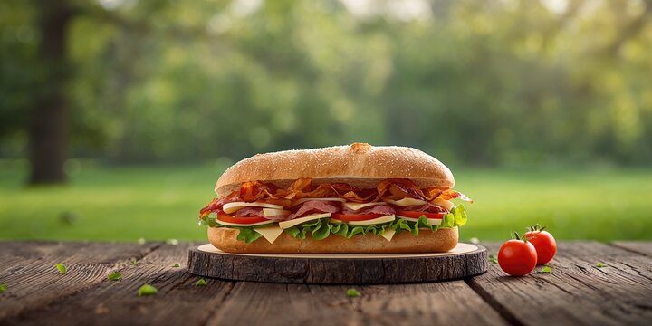 Ciabatta baguette sandwich packed with vegetables, bacon, cheese, and onion, suitable for outdoor picnic meals