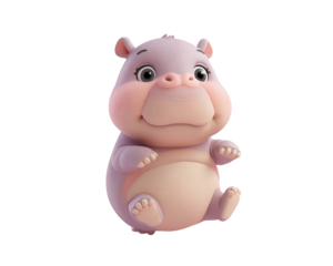a charming cartoon hippo character with a soft textured appearance perfect for illustrations on transparent background
