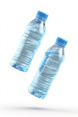 Two plastic water bottles with blue caps floating through the air, symbolizing hydration, purity, and refreshment