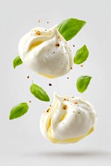 Burrata cheeses with creamy centers suspended in air with fresh basil and spices, evoking healthy mediterranean ingredients