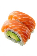 Salmon avocado sushi roll pair with fresh healthy ingredients, japanese cuisine and seafood on white background