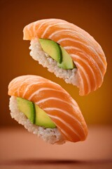 Salmon and avocado nigiri floating, showcasing fresh ingredients, healthy japanese cuisine, and minimalist food styling