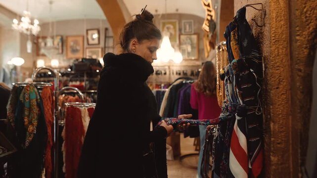 caucasian woman fashion buyer choosing scarves and coats