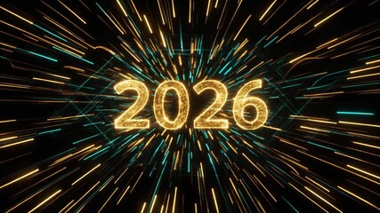 2026 New Year Celebration with Dynamic Light Rays and Golden Numbers on Black Background.