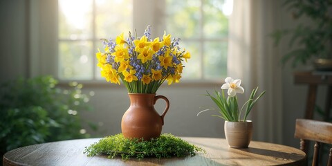 Daffodils and blue muscari in a clay jug, used as a decorative floral arrangement for spring festivities