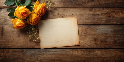 Empty greeting card with yellow roses against wood surface suitable for valentine messages, floral motif for special days