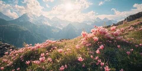 High-altitude flora, mountain landscape with flowering plants, environmental conservation