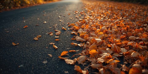 Dry orange leaves on asphalt surface in autumn, suitable for background or layout use