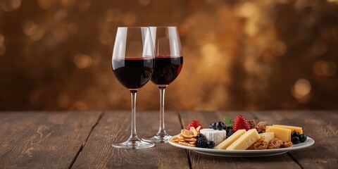 Naklejka premium Assorted snacks featuring cheese, fruit, and wine arranged for a social gathering, food presentation and variety