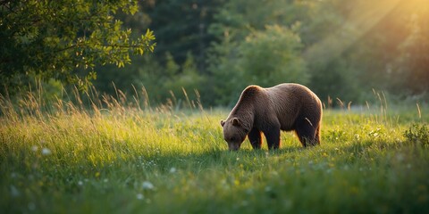 American Brown bear foraging on lush green parklands, highlighting wildlife habitat preservation