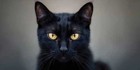 Black cat with intense yellow eyes, feline alertness, Halloween awareness day