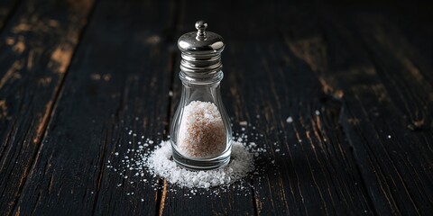 Close-up of Adygei salt in a glass shaker placed on an aged black wooden surface, highlighting rustic kitchen elements