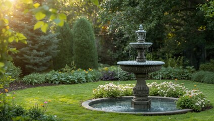 Obraz premium Ancient stone water fountain in a garden setting, traditional landscaping elements, Earth Day
