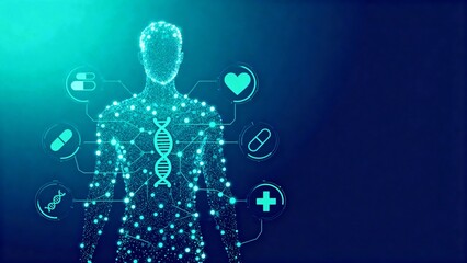 Glowing digital human silhouette of dots with a central DNA icon and health HUD symbols on a blue gradient, depicting personalized medicine, genomics, AI diagnostics, and connected care.