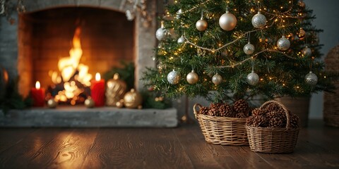 Holiday setting featuring a decorated Christmas tree, pine cones, candles, and fireplace, seasonal decor