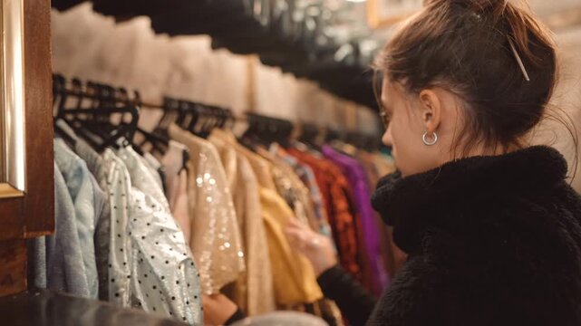 vintage dress shopper woman inspecting delicate dresses