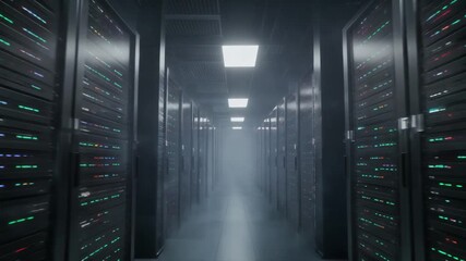 Server Room Corridor with Glowing Lights and Haze, Data Center Infrastructure. - Powered by Adobe