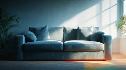 柔らかな自然光に照らされた布張りソファの水彩ポリゴン