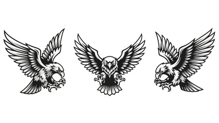 Obraz premium Stunning set of three aggressive bald eagle mascot emblems ready for dynamic sports team branding or powerful logo design