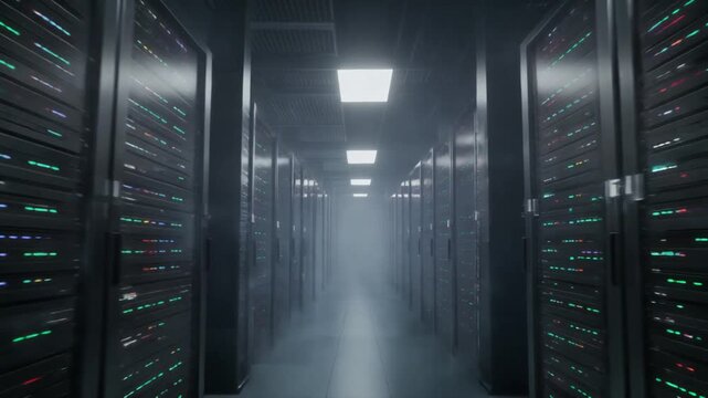 Server Room Corridor with Glowing Lights and Haze, Data Center Infrastructure.