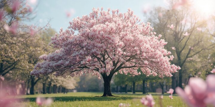 Magnolia flowers in bloom during spring, suitable for botanical layout backgrounds