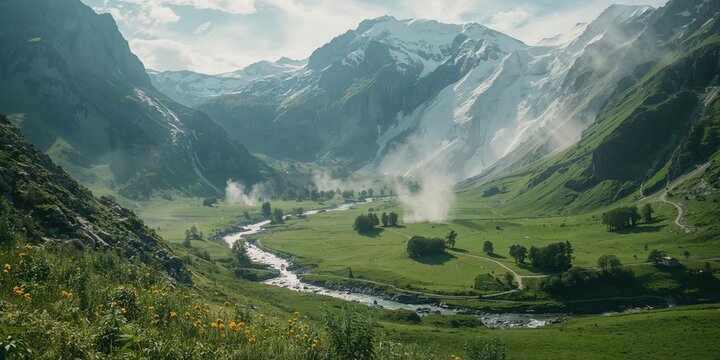 Snow-covered mountain landscape during winter with an avalanche in the valley, emphasizing natural hazards