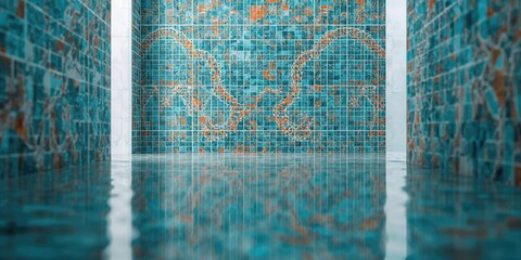 Colorful mosaic in bathroom with tiled floors and walls, serving as a decorative background for interior design projects