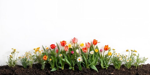 Colorful seasonal flower plants with soil isolated on white, suitable as a background for text layouts