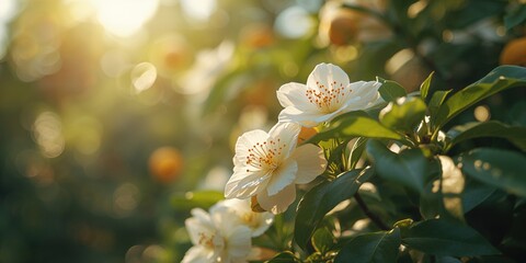 White Citrus aurantium blossoms in soft focus, ideal for editorial header backgrounds