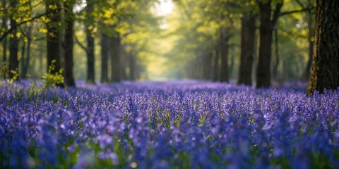 Field of bluebells with flowers and trees in spring, serving as a natural background for text or layout