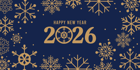 Elegant Happy New Year 2026 greeting card with golden typography and decorative snowflakes on a dark blue background, perfect festive design for holiday invitations, social media, posters and seasonal © bibin