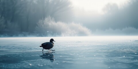 Coot walking across frozen water amid snow-covered terrain, highlighting winter bird behavior